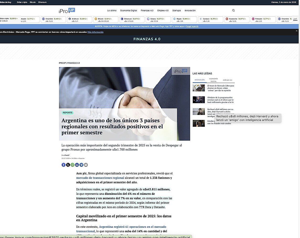 Argentina es uno de los �nicos 3 pa�ses regionales con resultados positivos en el primer semestre